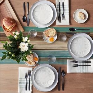 Linen Barn Wood Brown & Teal Striped Table Runner, 4 Placemats & 2 Pillow Cases